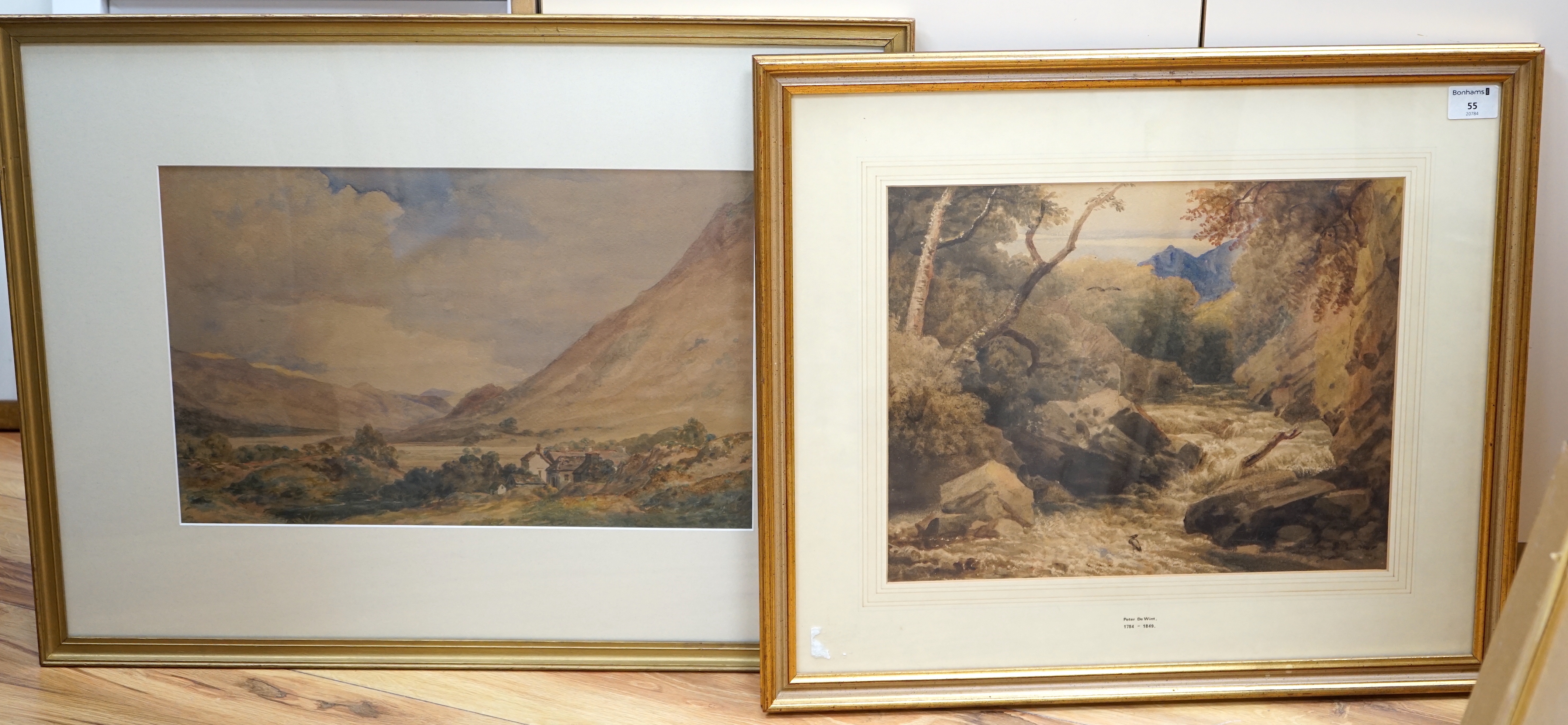 Peter de Wint (1784-1849), two watercolours, 'Salmon stream' and one other, one with Newcastle Upon Tyne Royal Mining, Engineering and Industrial Exhibition 1887 label verso, largest 31 x 45cm